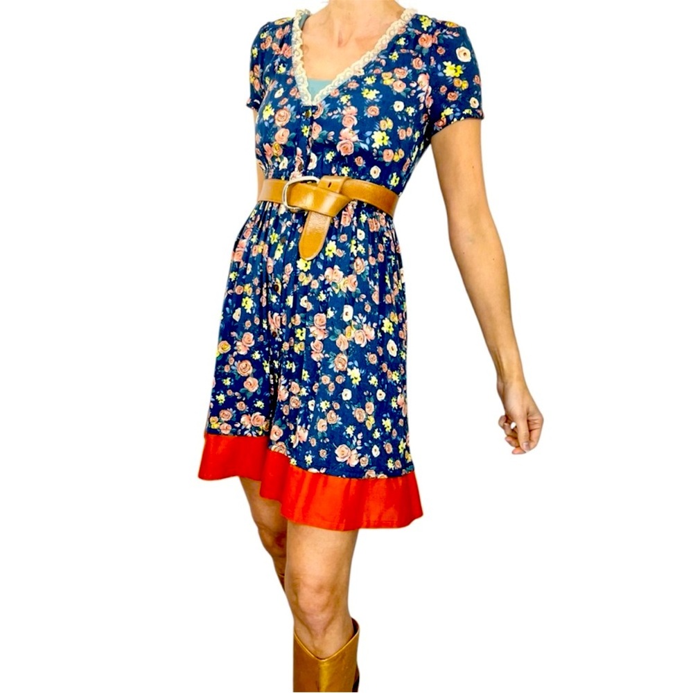 Zara Morocco blue orange floral boho western short sleeve mini dress